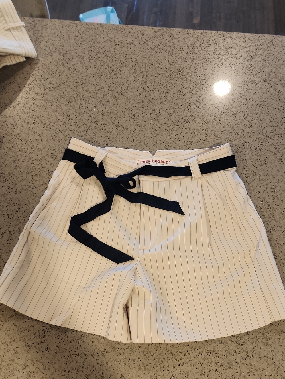 Free People Cream Pinstripe Shorts with Navy Belt